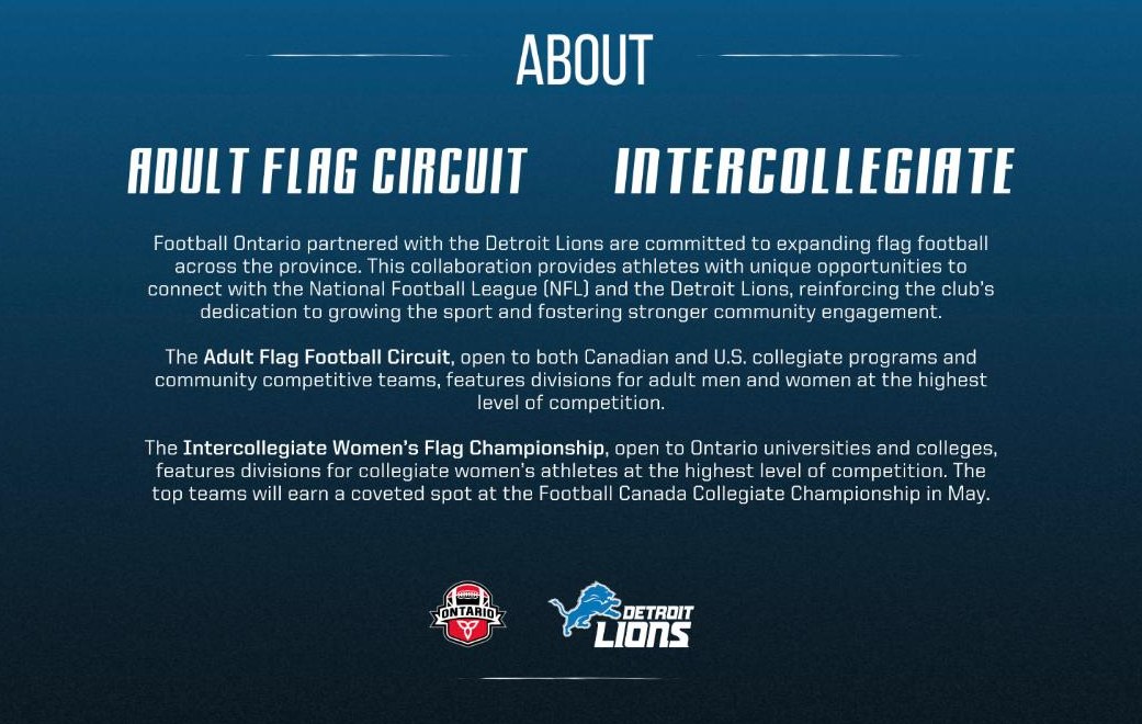 Open playflagontario.ca Preview of playflagontario.ca, the Adult Flag Circuit and Intercollegiate site from Football Ontario and the Detroit Lions